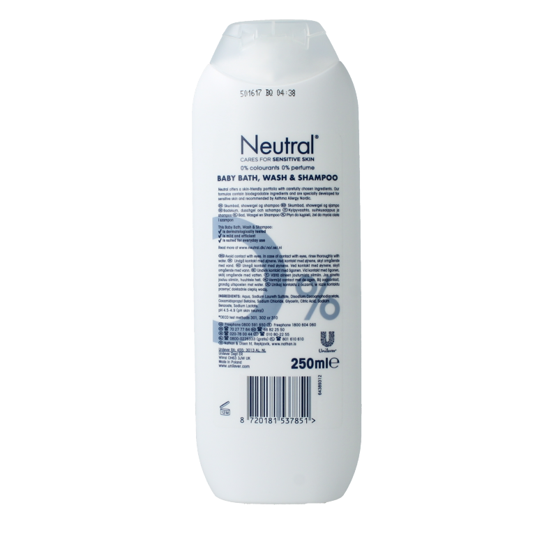 Neutral baby wash and shampoo 2-in-1 250ml bottle, gentle and mild for delicate baby and toddler skin.