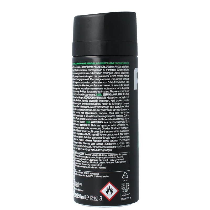 AXE Africa deodorant bodyspray in 150ml spray bottle with black and gold design, featuring the AXE logo.