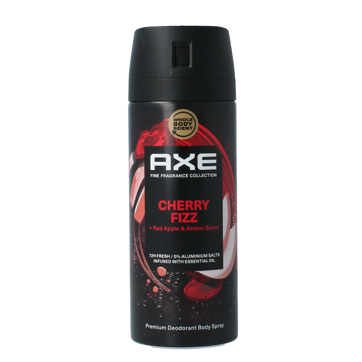 AXE Cherry Fizz deodorant bodyspray in a 150ml bottle, featuring a cherry scent with sleek packaging and spray nozzle.