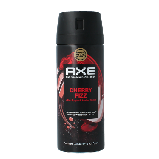 AXE Cherry Fizz deodorant bodyspray in a 150ml bottle, featuring a cherry scent with sleek packaging and spray nozzle.