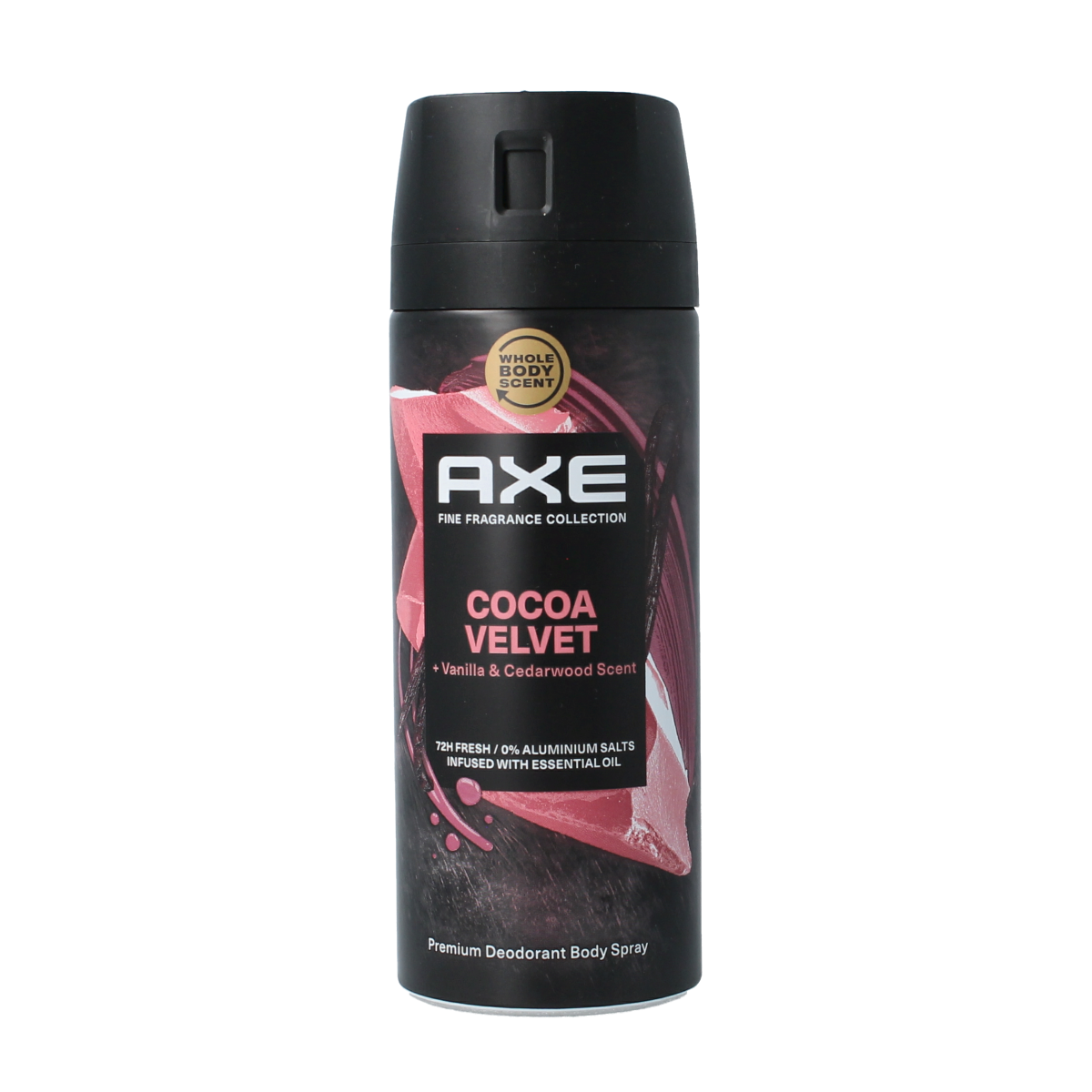 AXE Deodorant Bodyspray Cocoa Velvet, 150ml bottle with black and brown packaging, featuring the AXE logo and cocoa scent branding.