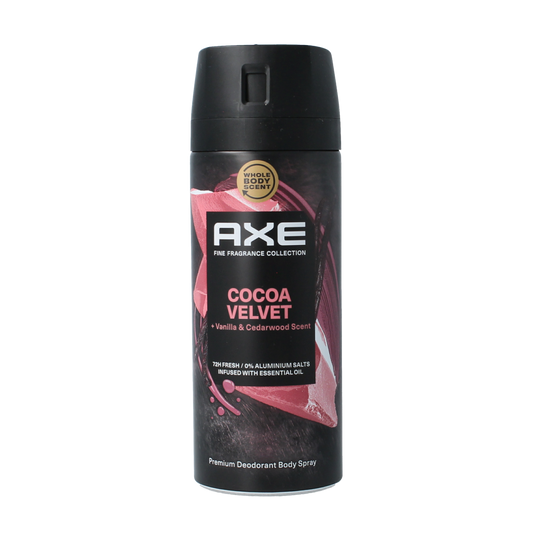 AXE Deodorant Bodyspray Cocoa Velvet, 150ml bottle with black and brown packaging, featuring the AXE logo and cocoa scent branding.