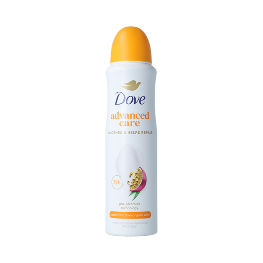 Dove Go Fresh passionfruit and citrus deodorant spray 150ml bottle with brand logo and vibrant fruit illustrations
