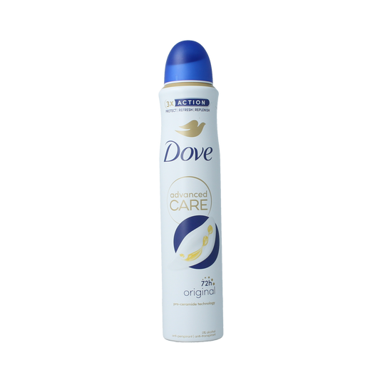 Dove Original Deodorant spray 200ml bottle, featuring white aerosol can with Dove branding and product label.