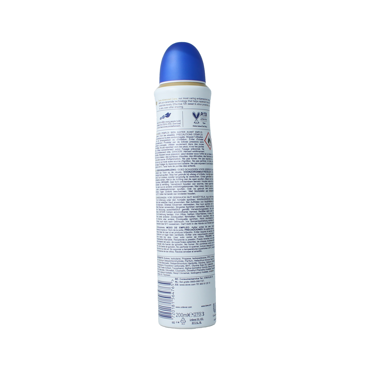 Dove original deodorant spray 200ml bottle, white with blue accents, standing upright with the Dove logo visible.