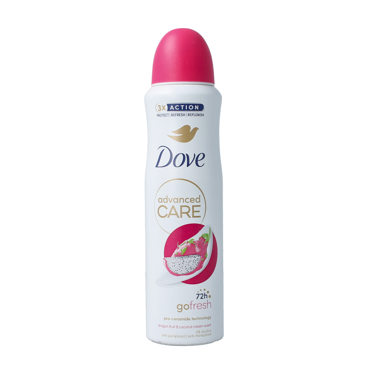 Dove deodorant spray with dragon fruit and coconut scent, 150ml bottle, featuring a white spray can with colorful fruit illustrations.