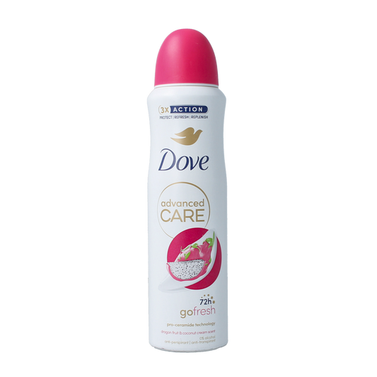 Dove deodorant spray with dragon fruit and coconut scent, 150ml bottle, featuring a white spray can with colorful fruit illustrations.
