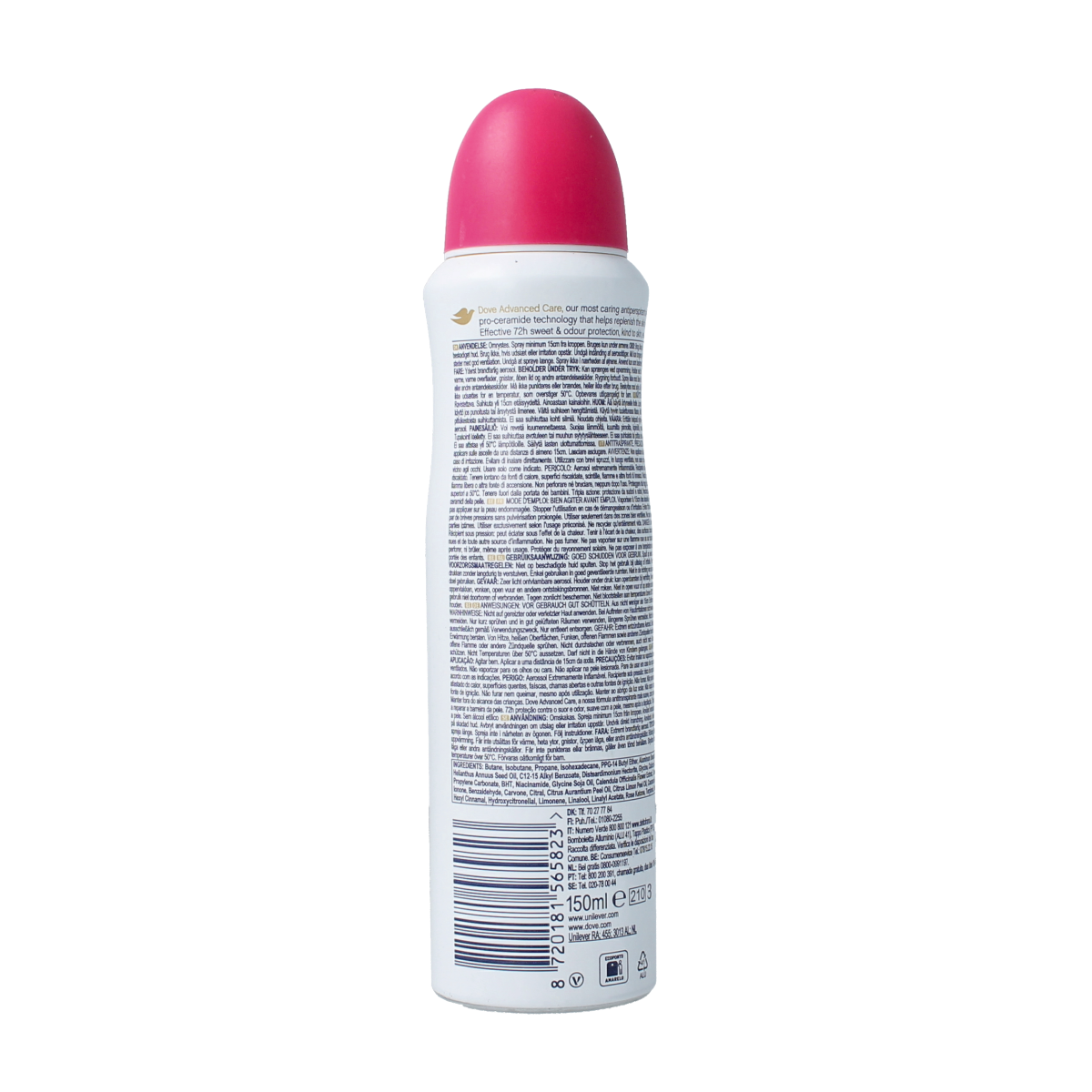 Dove deodorant spray with dragon fruit and coconut scent in a 150ml bottle, featuring a sleek design and vibrant label.