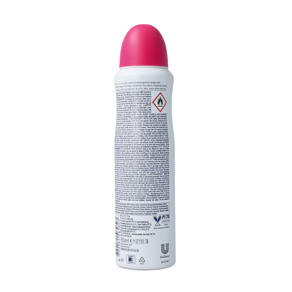 Dove deodorant spray with dragon fruit and coconut scent in a 150ml bottle, featuring a sleek design and colorful label.