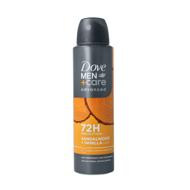 Dove Men+Care sandalwood and vanilla deodorant spray bottle, 150ml, with white and blue packaging and brand logo visible.