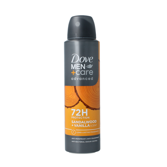 Dove Men+Care sandalwood and vanilla deodorant spray bottle, 150ml, with white and blue packaging and brand logo visible.