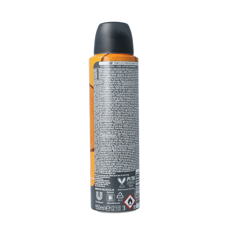 Dove Men+Care deodorant spray in sandalwood and vanilla scent, 150ml, with a sleek silver container and black cap.