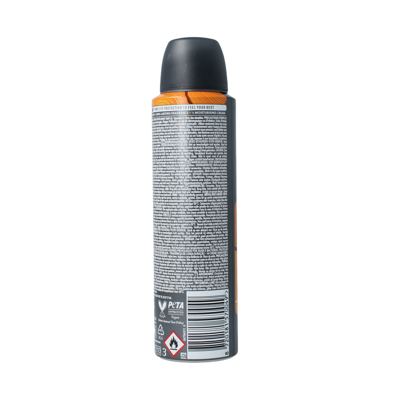 Dove Men+Care deodorant spray in sandalwood and vanilla scent, 150ml bottle, with the product label visible.