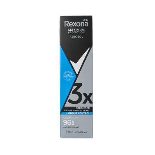 Rexona Max Protection Cobalt Dry deodorant spray bottle, 150ml, with blue and white packaging and spray nozzle visible.
