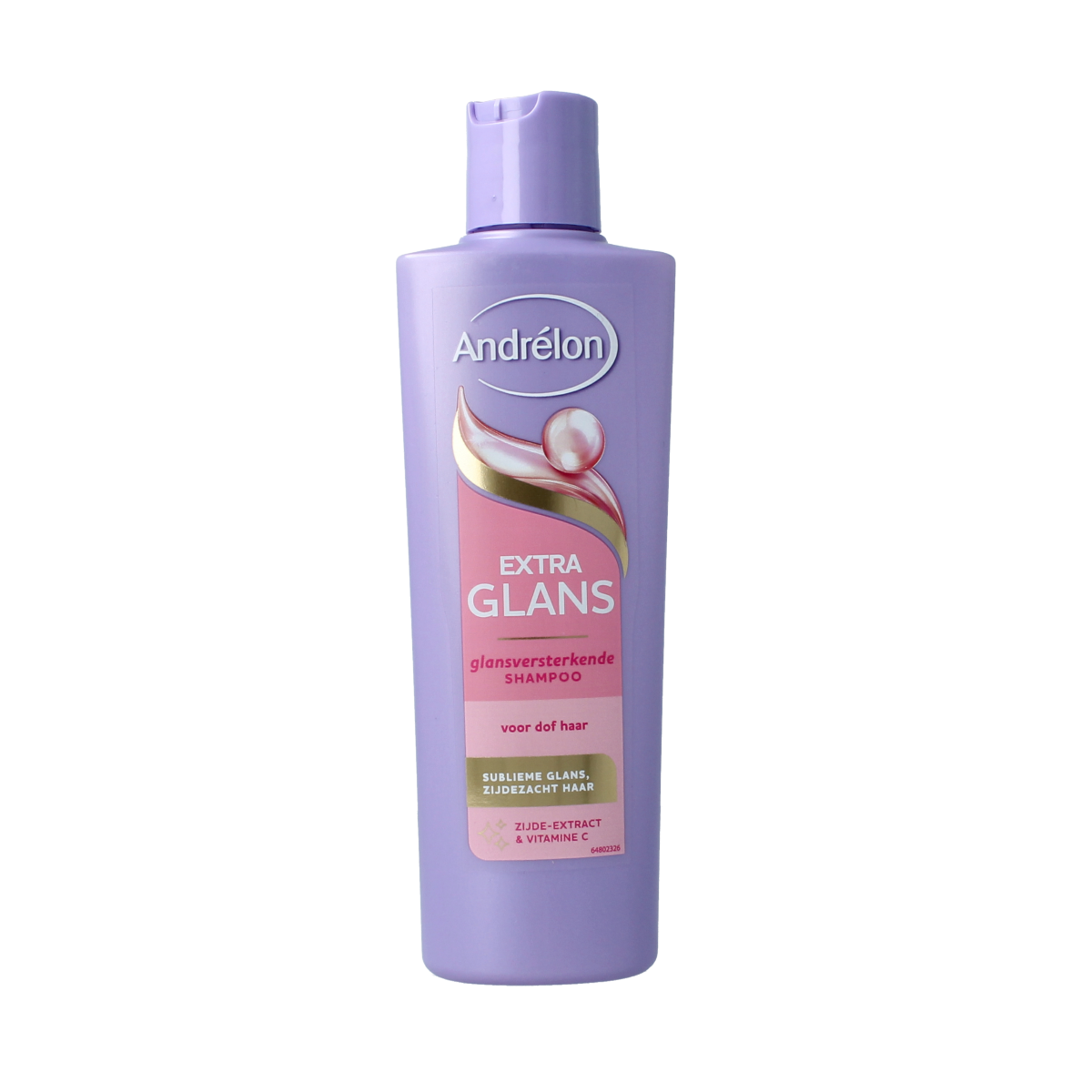 Andrelon Glans & Care Shampoo bottle, 250ml, for hair care, featuring sleek packaging and bright labeling.