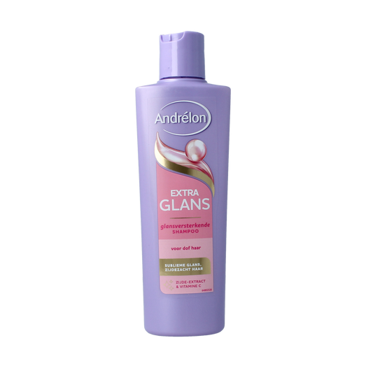 Andrelon Glans & Care Shampoo bottle, 250ml, for hair care, featuring sleek packaging and bright labeling.