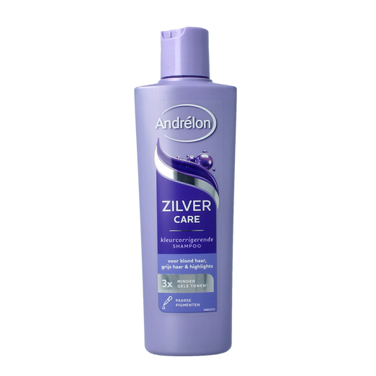 Andrelon Silver Care Shampoo in 250ml bottle, designed for hair cleansing and brightening with silver-infused formula.