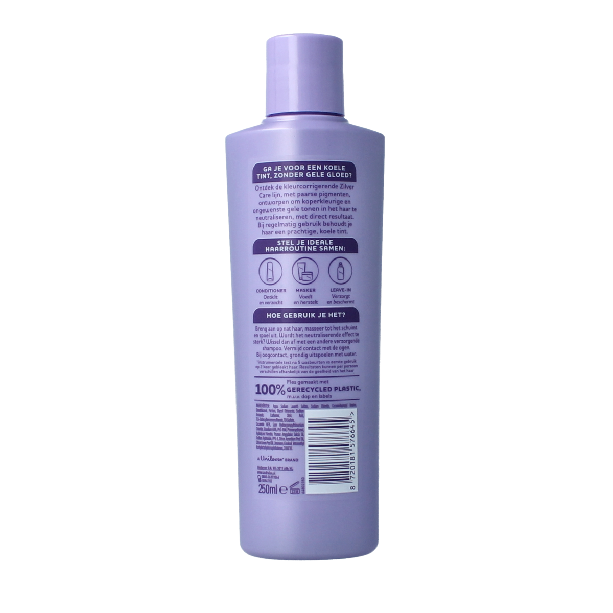 Andrelon Silver Care Shampoo for hair, 250ml bottle, featuring sleek packaging and a silver label for hair nourishment.