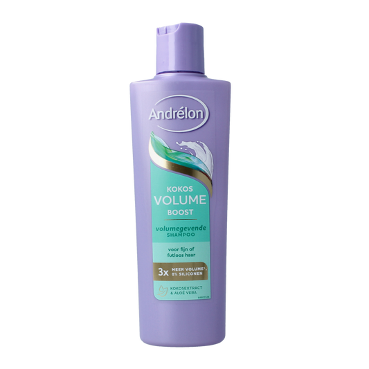 Andrelon Kokos Boost shampoo bottle for hair care, 250ml, with coconut extract for nourishing and revitalizing hair.