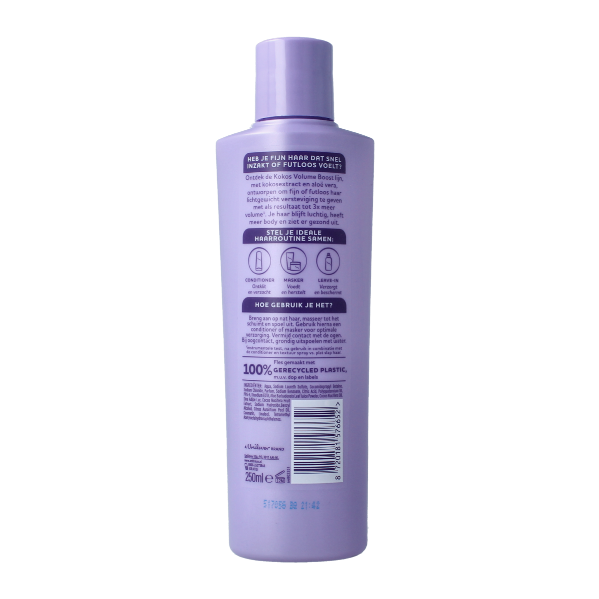 Andrelon kokos boost shampoo bottle, 250ml, with coconut extract for nourishing hair care, displayed on a white background.