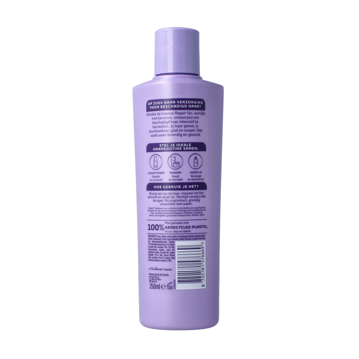 Andrelon care & repair shampoo bottle, 250ml, for hair cleansing and nourishment, featuring sleek packaging.
