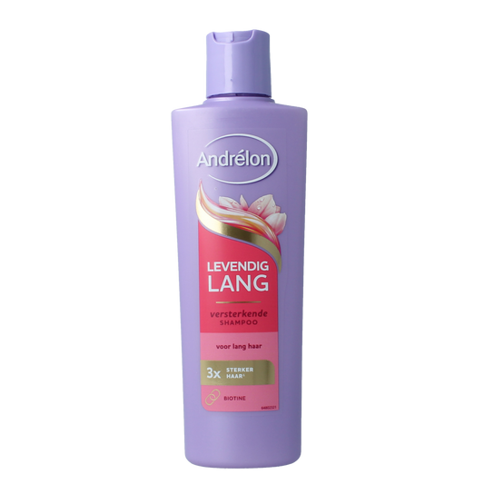 Andrelon levendig lang shampoo in a 250ml bottle, designed for vibrant long hair, shown in the image.