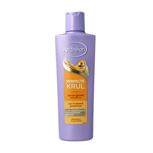 Andrelon Shampoo Perfecte Krul bottle showing 250ml size, with curly hair care product in a sleek bottle for textured curls.