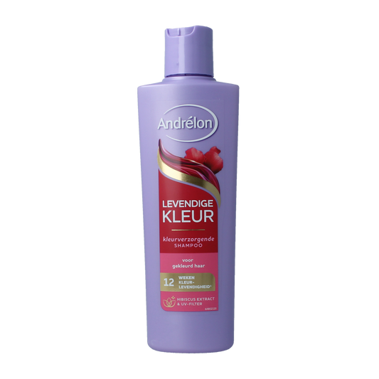 Andrelon shampoo for vibrant color hair, 250ml bottle, showcasing the colorful packaging and product label.