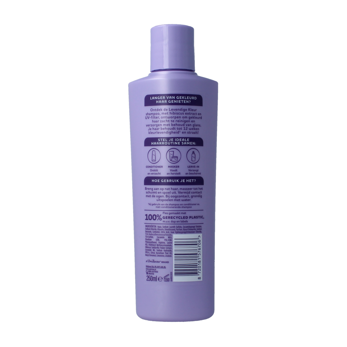 Andrelon shampoo for vibrant color, 250ml, showing a bottle of hair care product with colorful label and white cap.