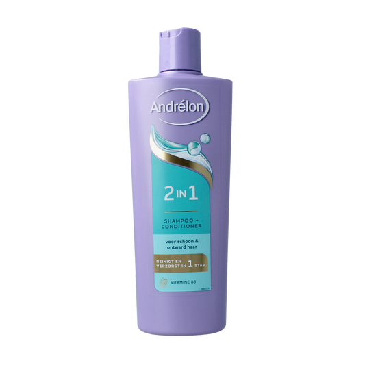 Andrelon 2-in-1 shampoo for hair care, 400ml bottle, featuring the product label and packaging design