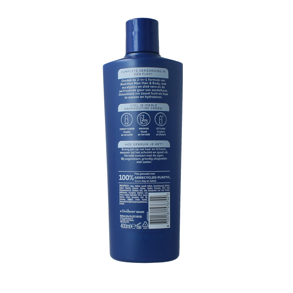 Andrelon men's hair and body shampoo in a 400ml bottle, suitable for hair and skin cleansing, with a simple pump dispenser.