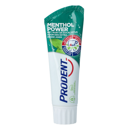 Prodent Menthol Power toothpaste tube, 75ml, with fresh mint flavor and effective whitening and cleaning properties.