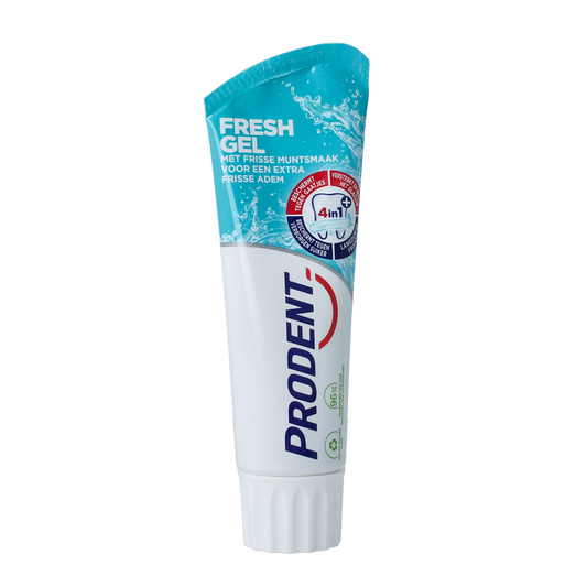 Prodent Freshgel toothpaste in 75ml tube, showing the packaging and product branding for oral hygiene.