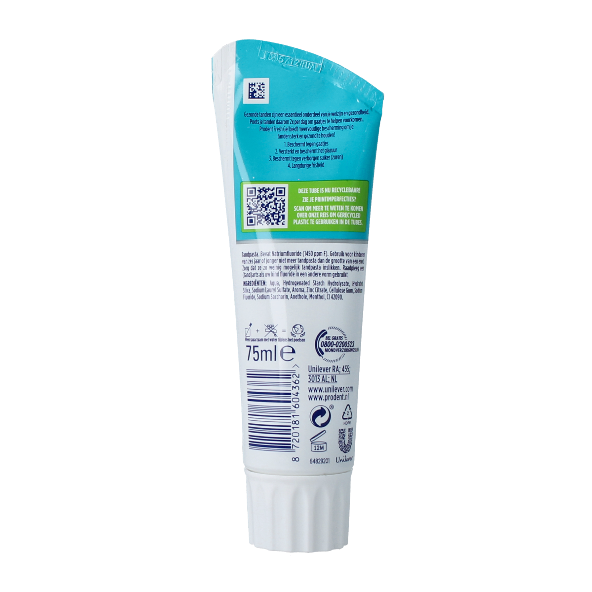 Prodent Freshgel toothpaste in 75ml tube with mint flavor, featuring bright packaging and a close-up of the tube.