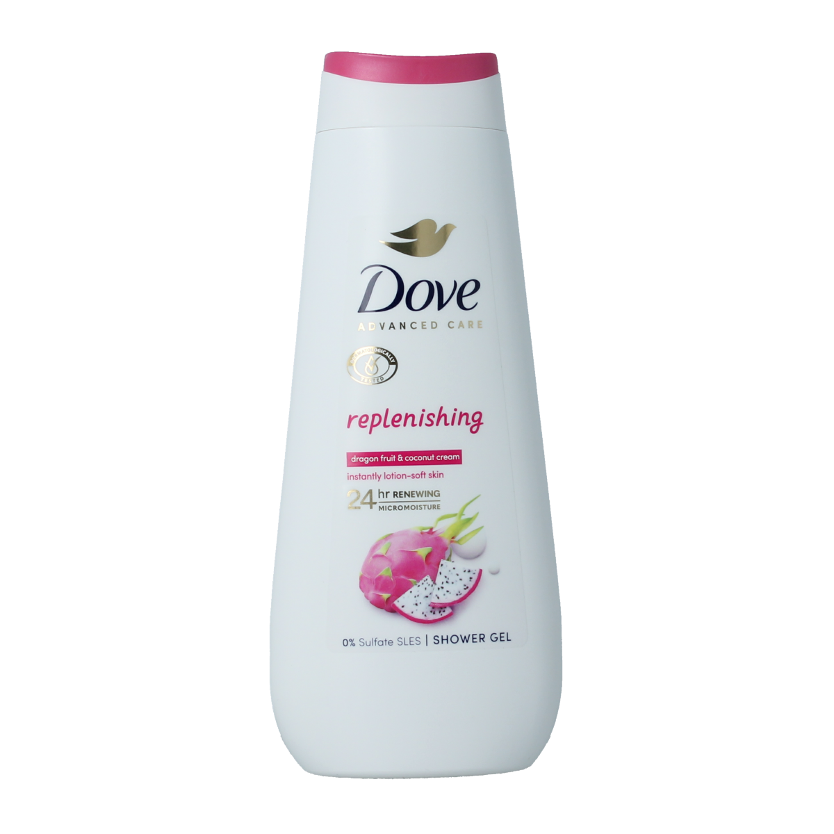 Dove Advanced Replenishing Shower Gel 400ml bottle, creamy white body wash for nourishing skin in a pump dispenser.