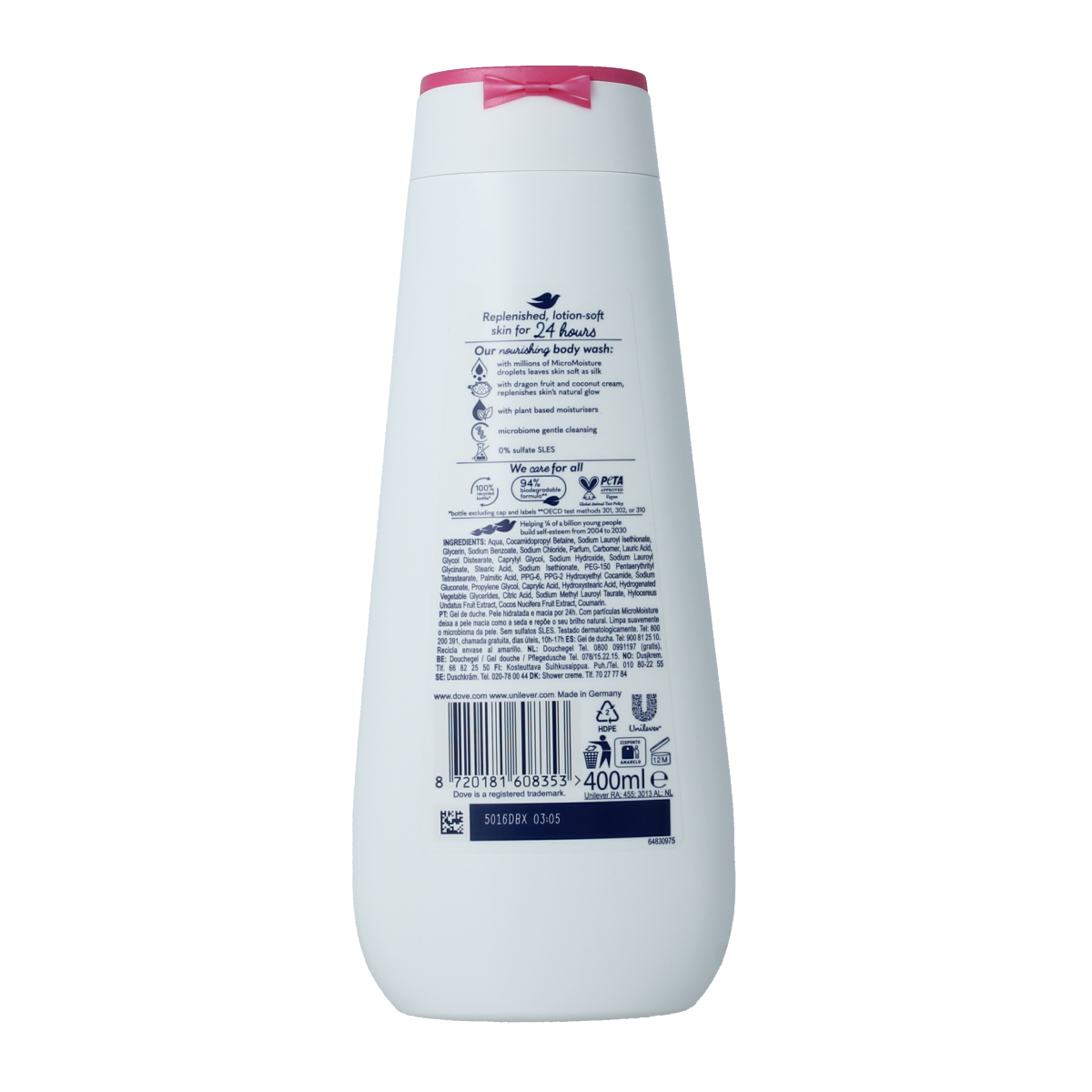 Dove Advanced Replenishing Shower Gel in 400ml bottle, creamy white liquid, with Dove branding on the label.