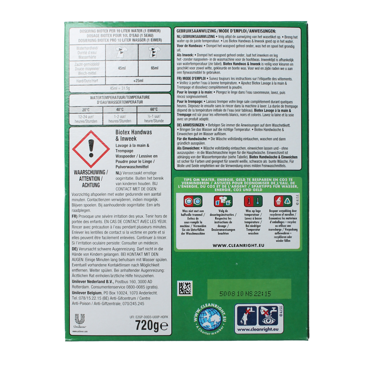 Biotex Waspoeder was & inweek laundry detergent powder, 720g, for effective cleaning of laundry loads.