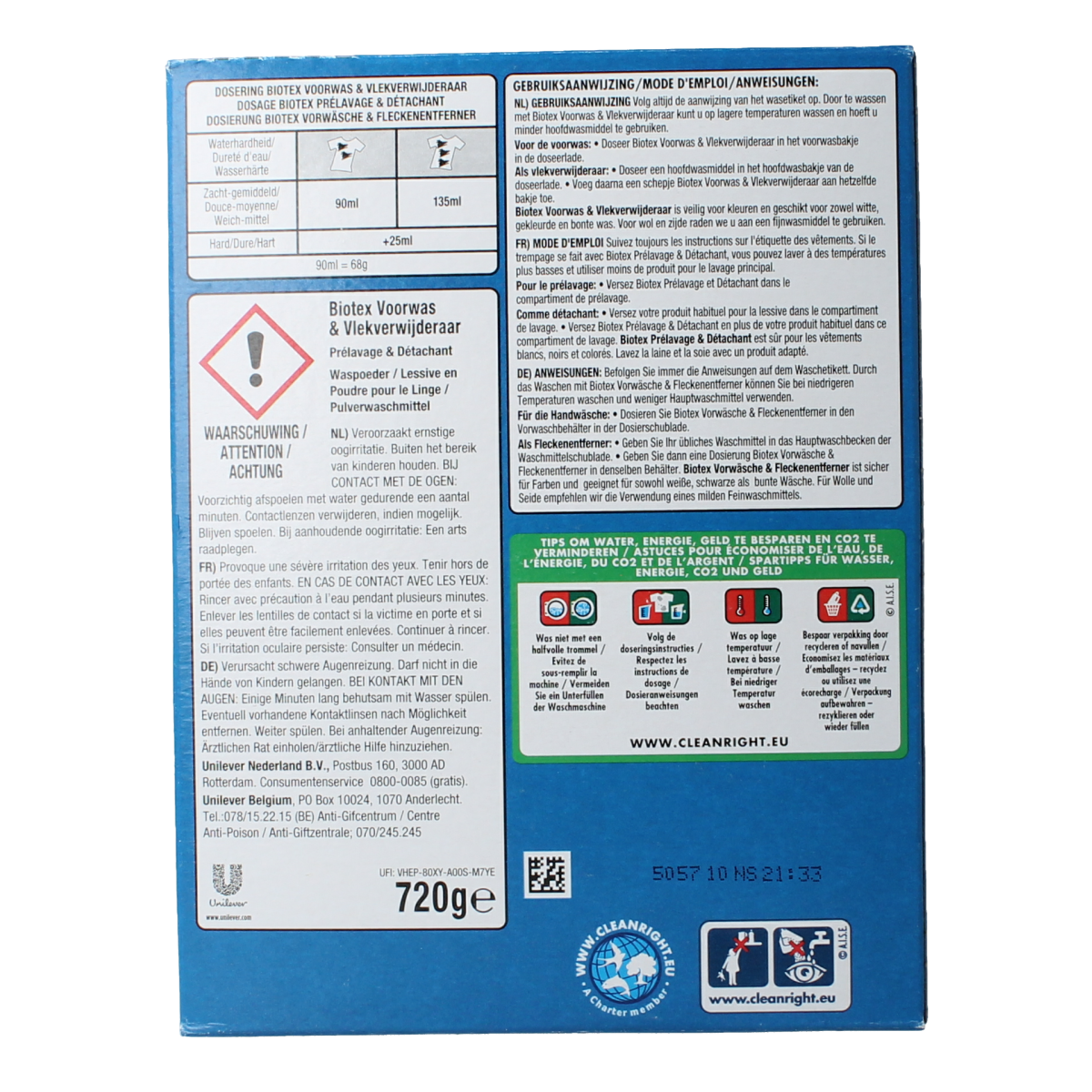 Biotex waspoeder voorwas en waskrachtversterker in 720g, with a white powder and measuring scoop for laundry cleaning.