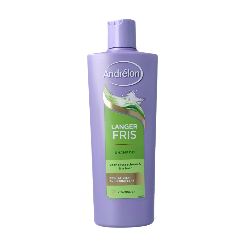 Andrelon shampoo for longer hair, 400ml bottle, natural haircare product with vibrant packaging and a sleek design