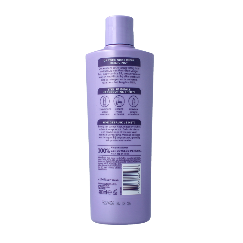 Andrelon shampoo for long hair in 400ml bottle, featuring vibrant packaging and a clean design, for nourishing hair care.