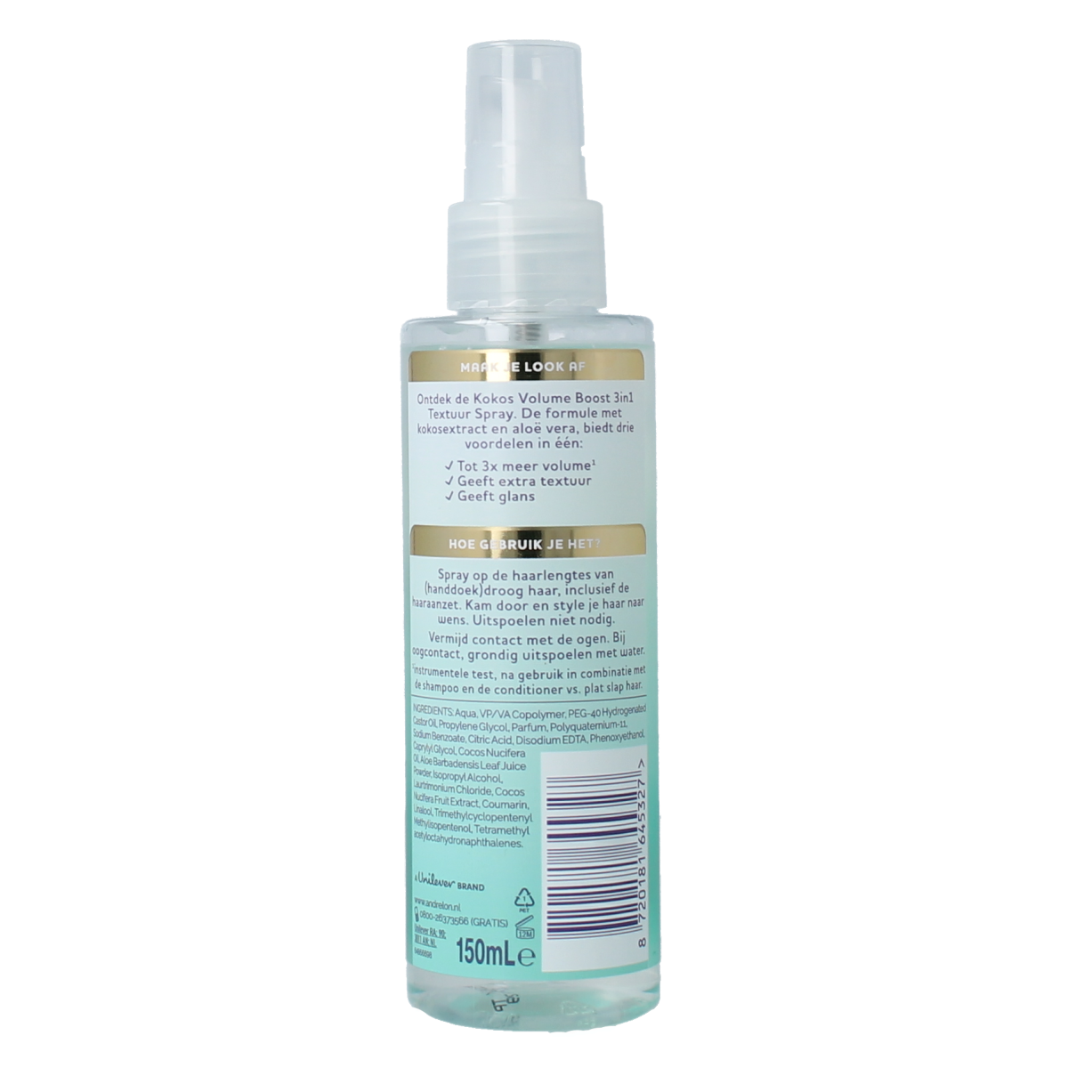 Andrelon Volumespray verzorgend kokos haarverzorging, 150ml bottle with pump for added volume and nourishment