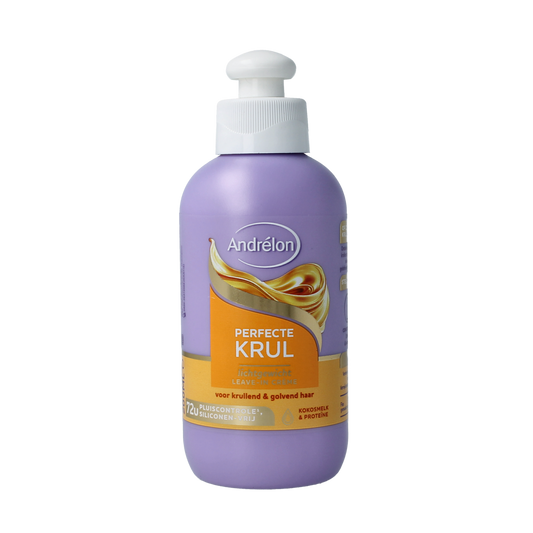 Andrelon Leave-in Creme Perfecte Krul for curly hair, 200ml, showing the jar with product label and curl-enhancing formula.