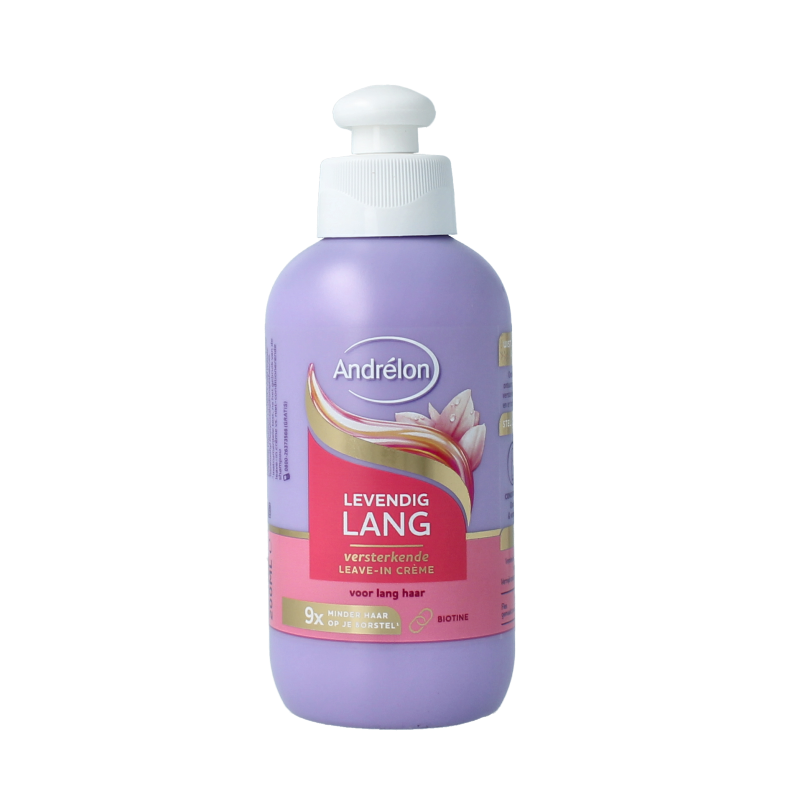 Andrelon Leave-in Creme Levendig Lang 200ml, hair care product in a white tube with blue accents and a flip-top cap.