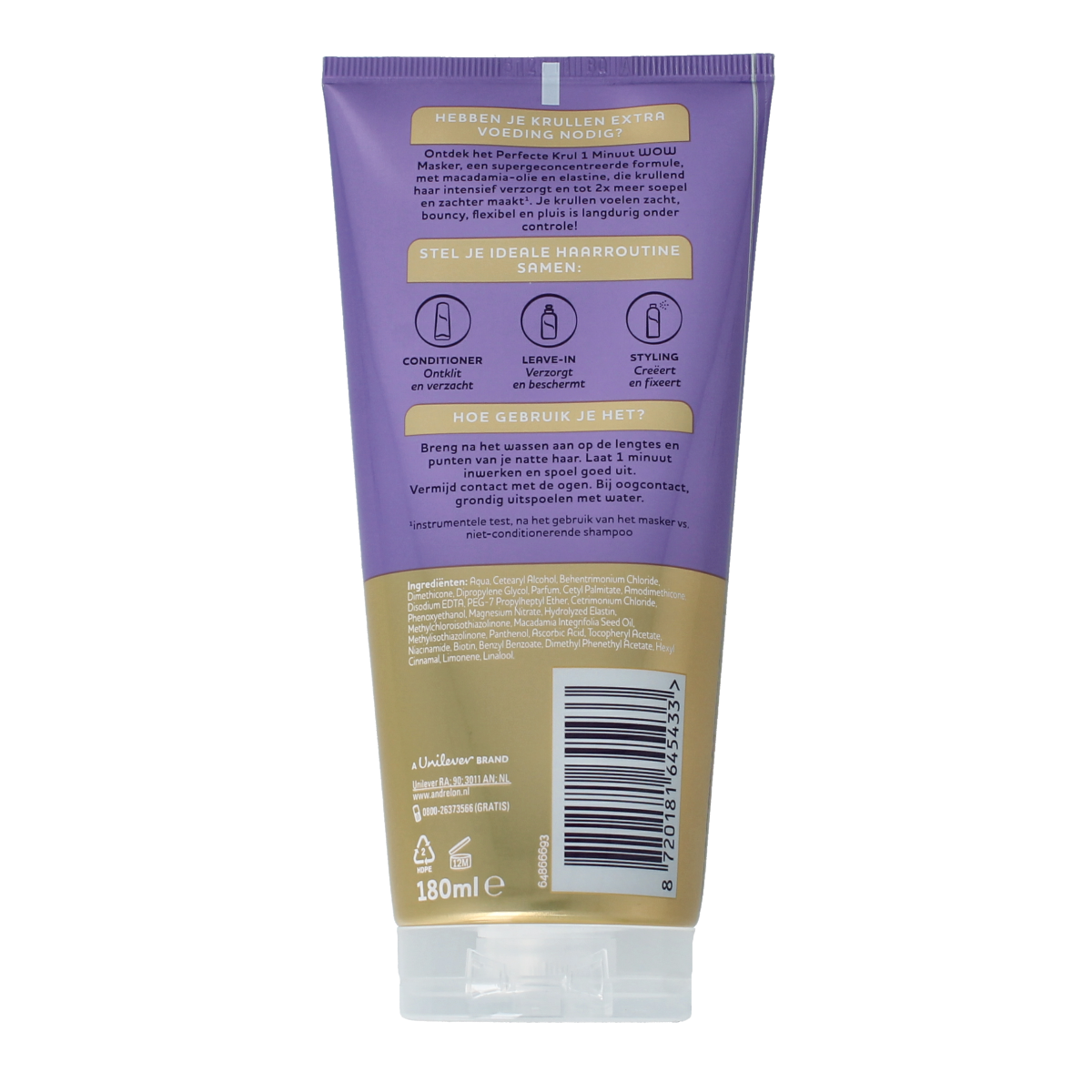 Andrelon Haarverzorging masker voor perfecte krullen, 180 ml, met natuurlijke ingrediënten en een rijke textuur.