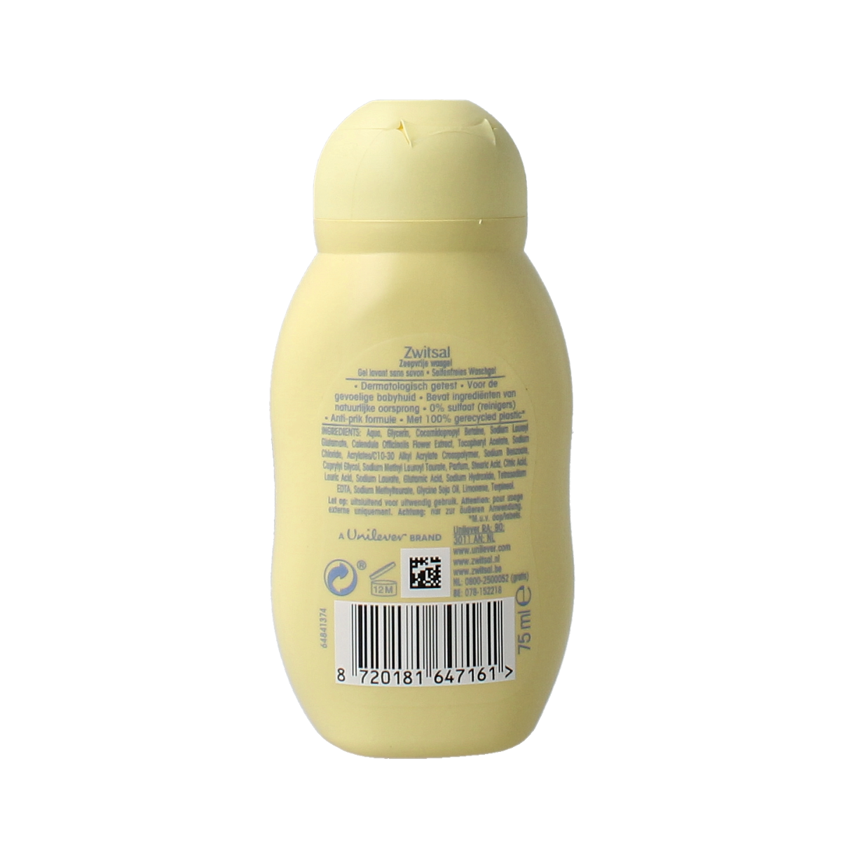 Zwitsal baby wash gel in a 75ml bottle, gentle baby and toddler skincare product from Zwitsal, with a white and green label.