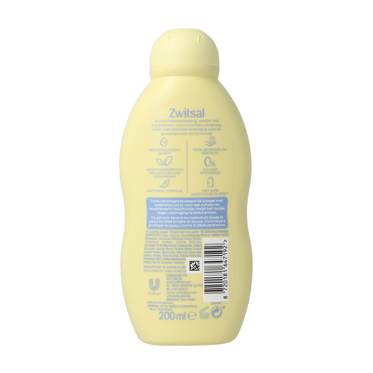 Baby and toddler Zwitsal Wasgel in a 200ml bottle, gentle soap-free cleanser for sensitive skin, with a soft pump dispenser.