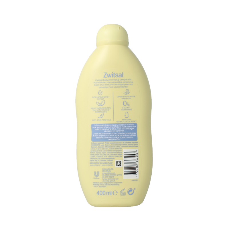 Baby and toddler bubble bath bottle by Zwitsal, 400ml, with label and pump dispenser, suitable for gentle infant skincare.