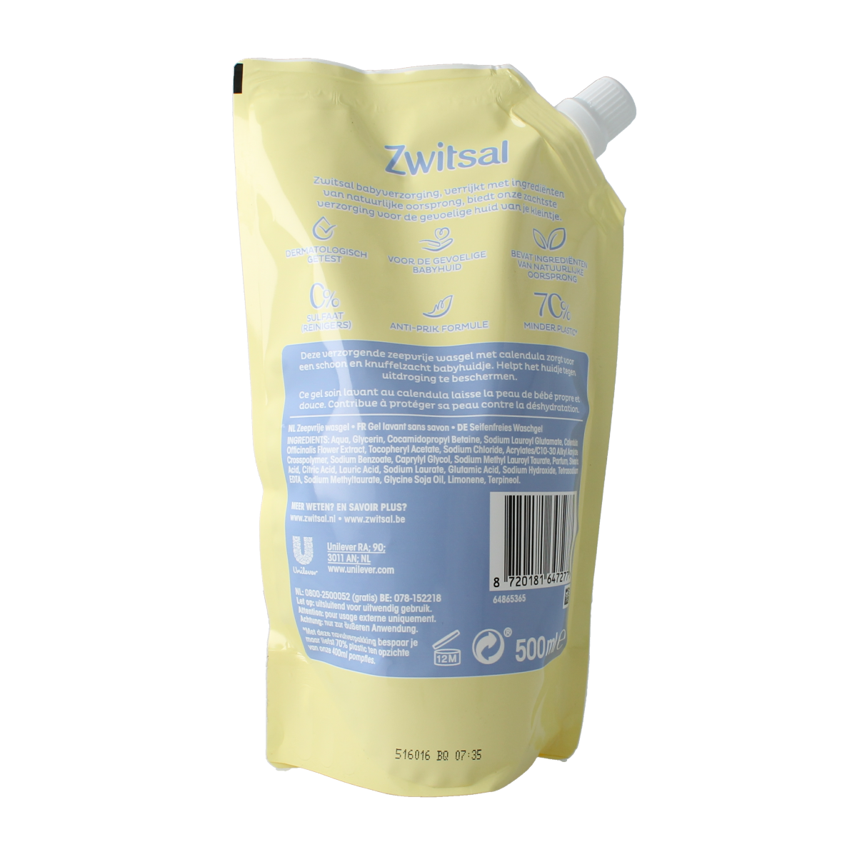 Zwitsal baby and toddler gentle refill wash gel bottle, 500ml, Zeepvrije baby skincare product with a white and blue label