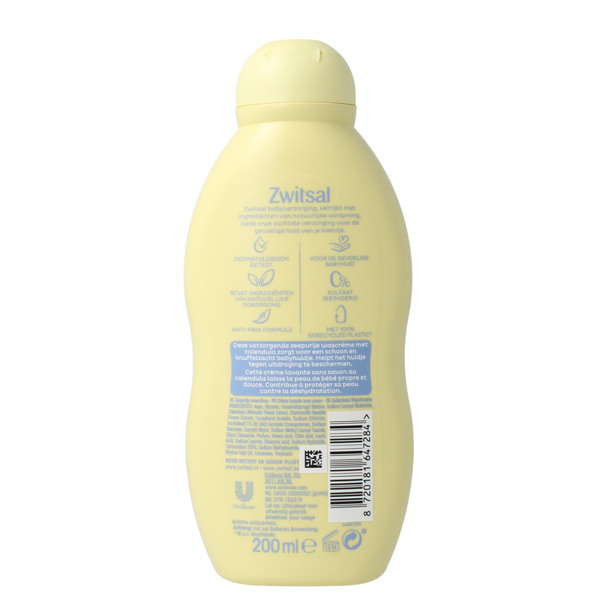 Baby and toddler care Zwitsal Wascreme in a 200ml tube, gentle skincare for sensitive skin with a soft, white cream texture.