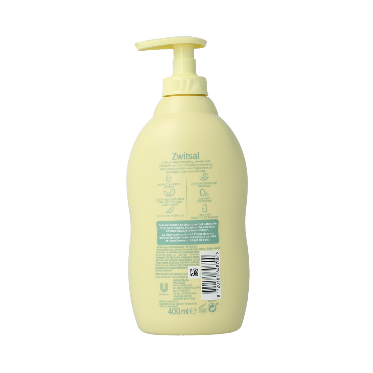 A 400ml bottle of Zwitsal baby and toddler shampoo with blue and white packaging, featuring the Zwitsal logo and gentle formula.